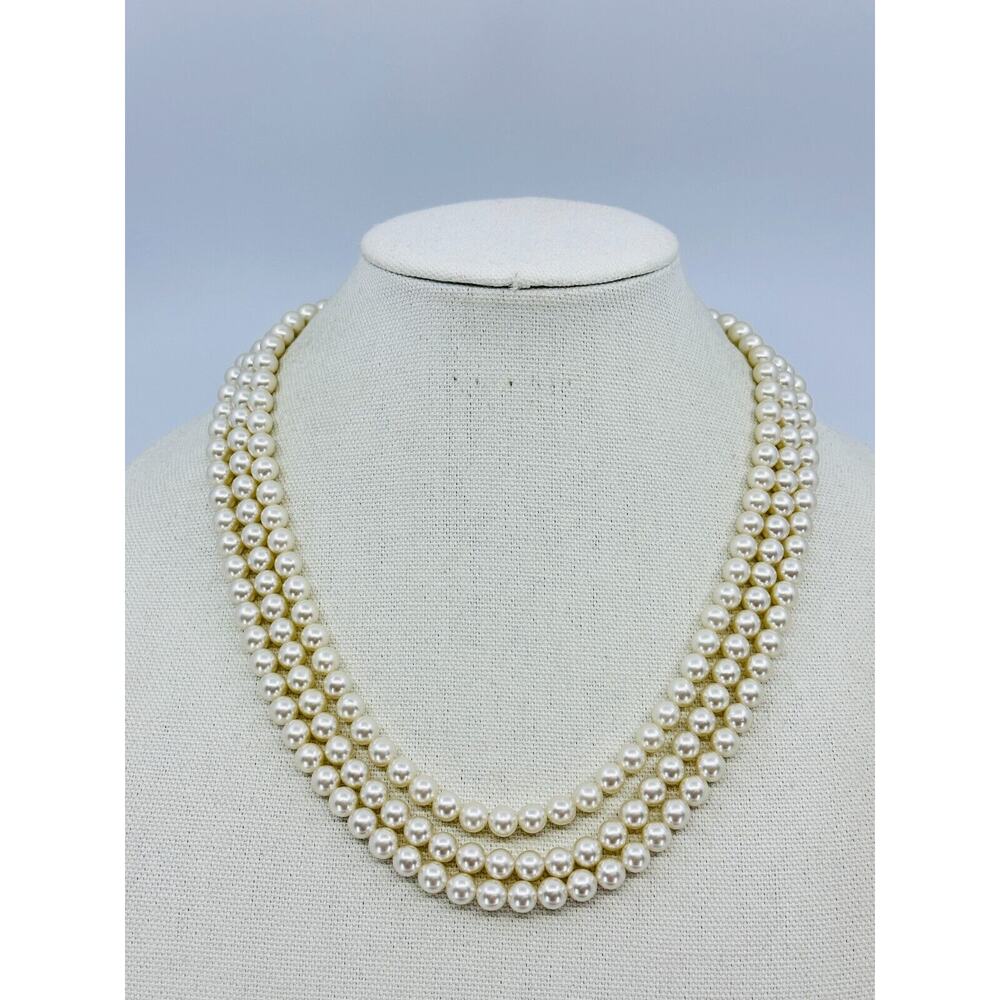 VTG Florenza Necklace Faux Pearl Cabochon Clasp Three Strand 8mm Estate Jewelry
